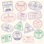 Passport travel stamps icons with city names Jerusalem, Hong Kong, Sydney, Amsterdam and Zagreb, Paris or Havana, Beijing or Madrid and Moscow. Vector isolated set of country migration arrival entry
